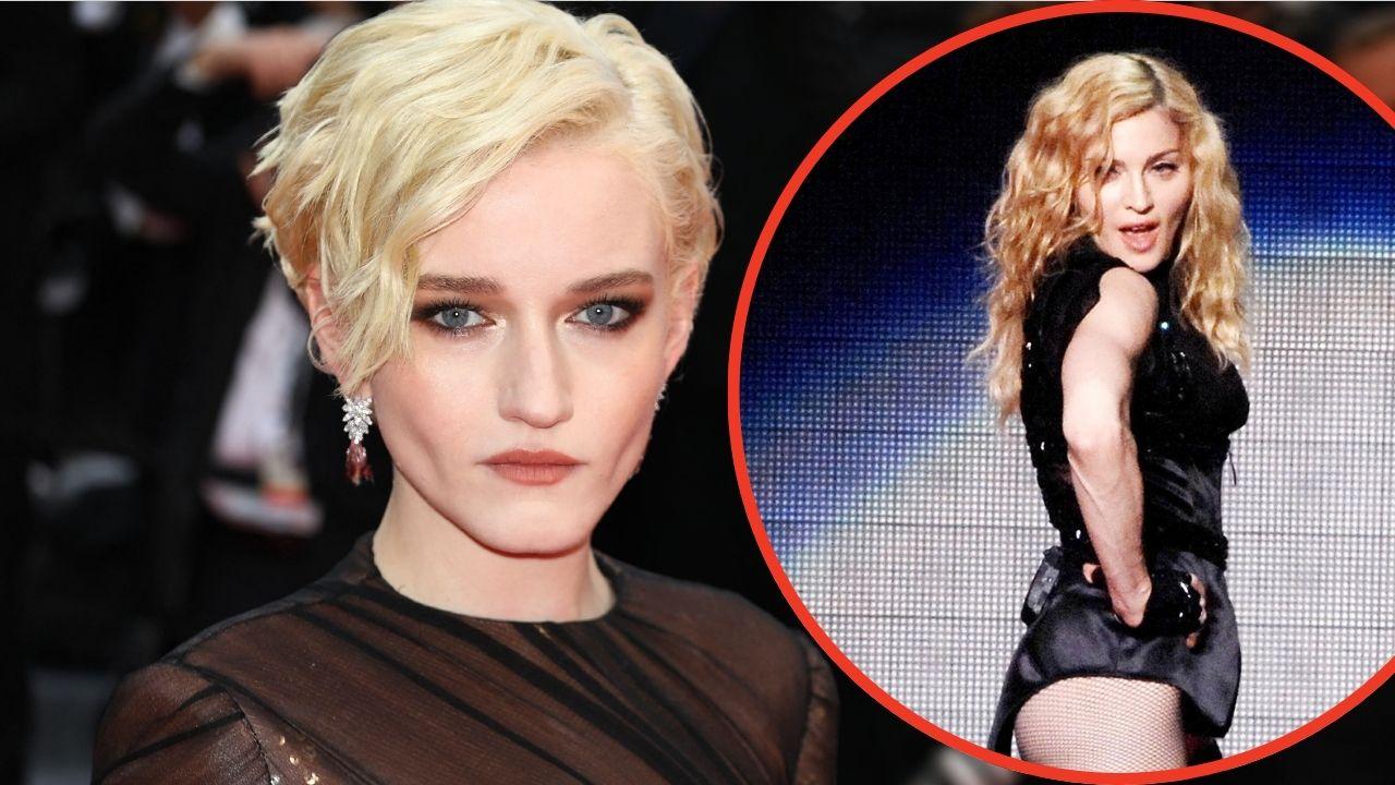 Split photos of Madonna and Julia Garner