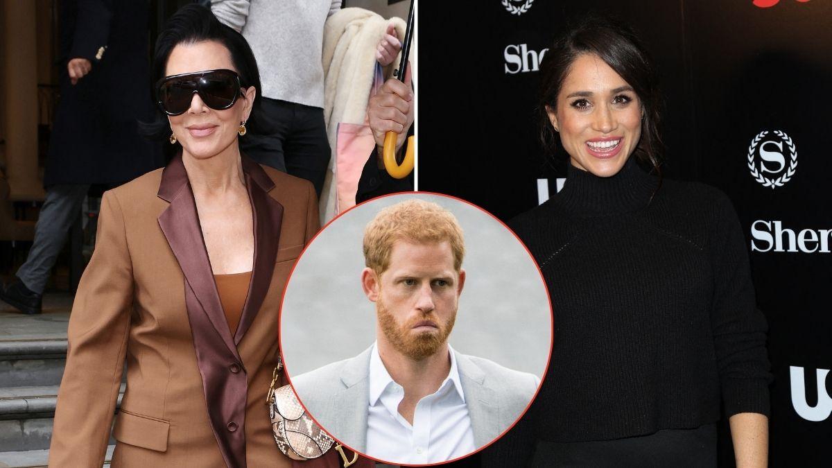 Split photos of  Prince Harry, Meghan Markle and Kris Jenner