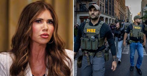 split photo of Kristi Noem and ICE agents