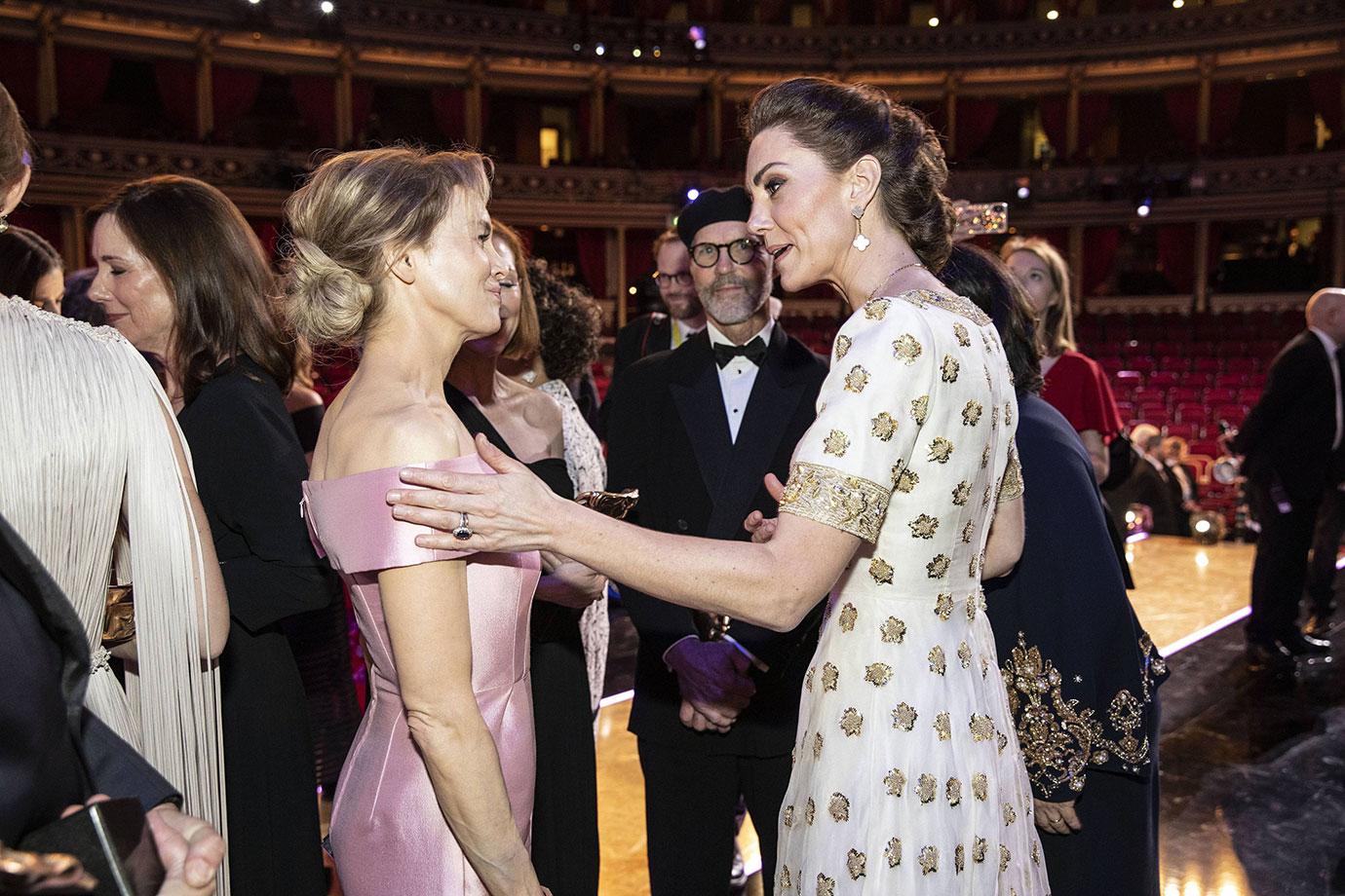 BAFTA winner Renee Zellweger and Catherine, Duchess of Cambridge speak at the EE British Academy Film Awards 2020 at Royal Albert Hall on February 2, 2020 in London