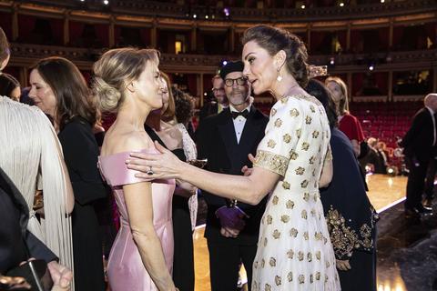 BAFTA winner Renee Zellweger and Catherine, Duchess of Cambridge speak at the EE British Academy Film Awards 2020 at Royal Albert Hall on February 2, 2020 in London