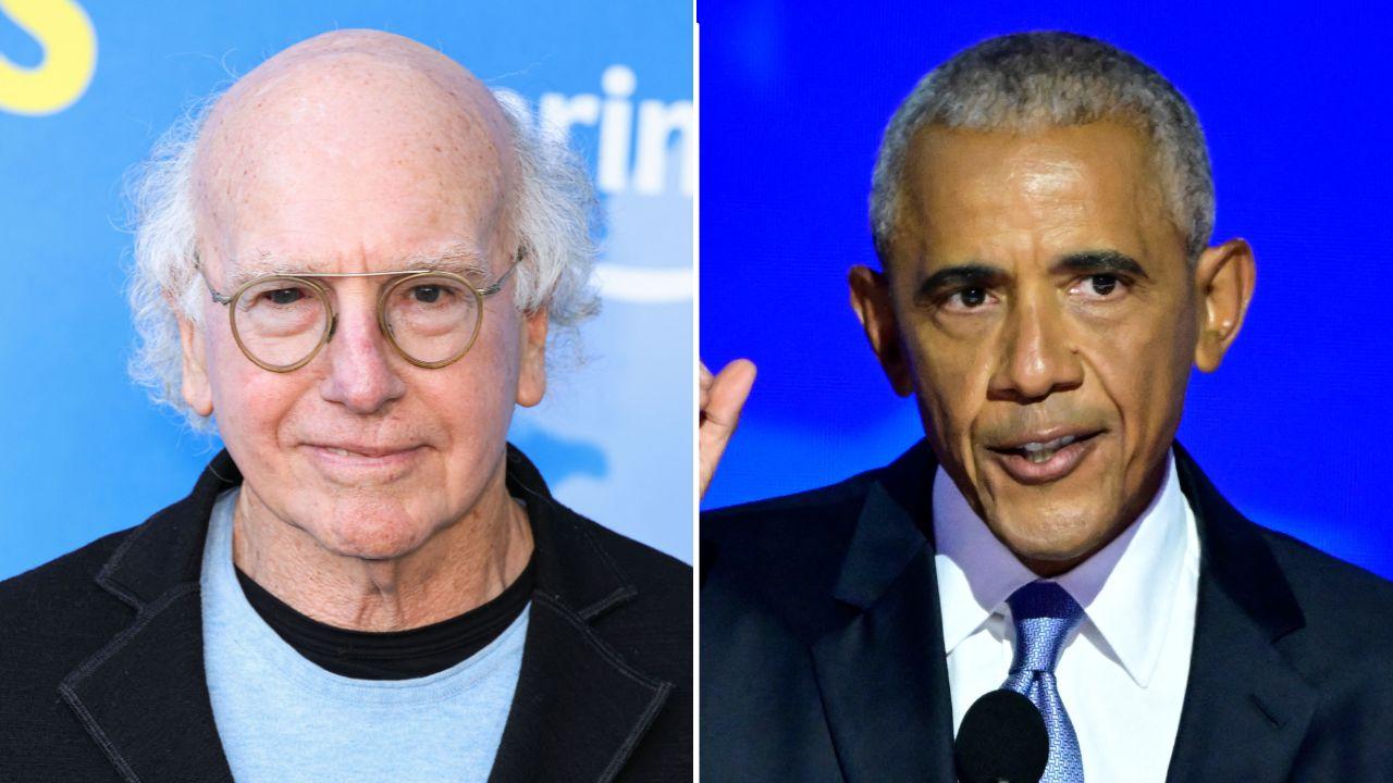A photo of Larry David alongside a photo of Barack Obama