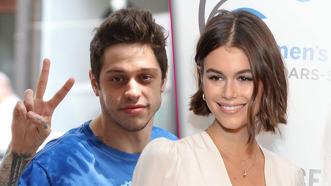 Pete Davidson Giveing Peace Sign photo Split Kaia Gerber Smiling