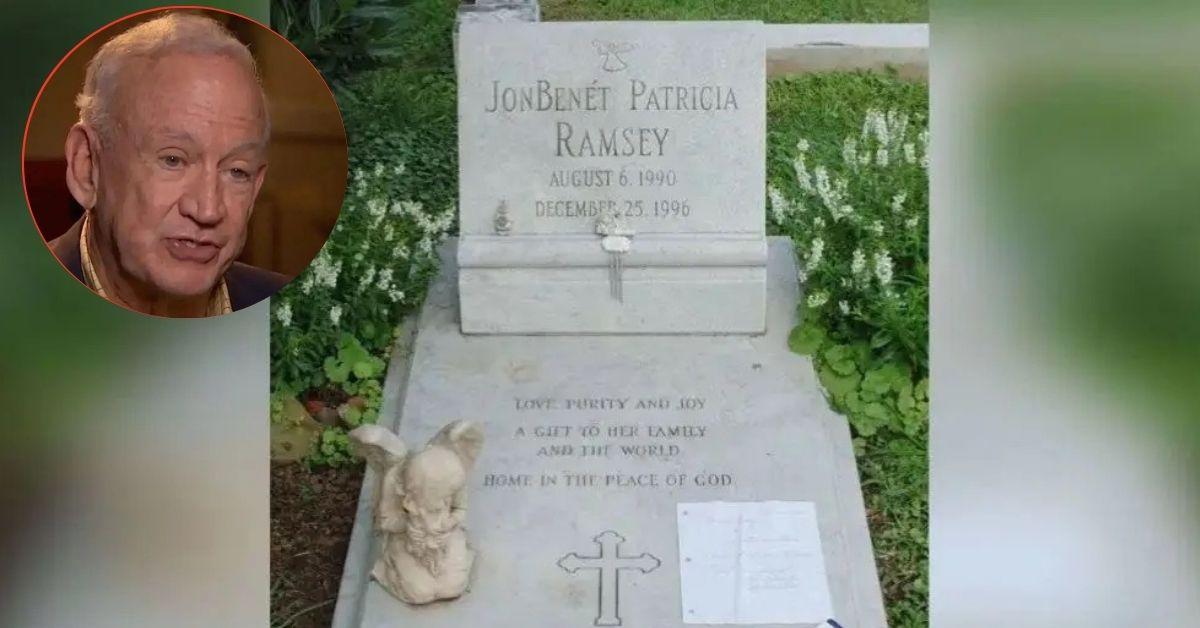 Composite photo of John Ramsey and JonBenét Ramsey's grave
