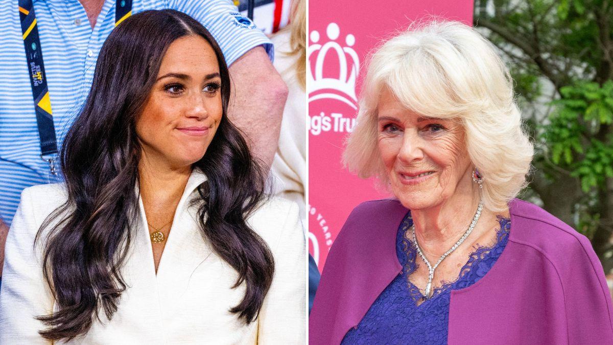 Split photo of Meghan Markle and Queen Camilla