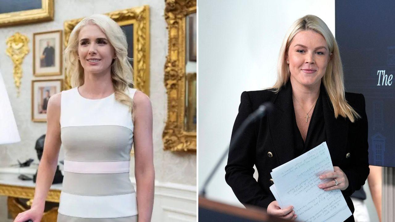 A photo of Natalie Harp alongside a photo of Karoline Leavitt