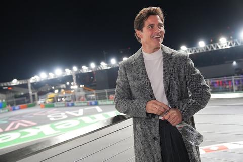 james marsden stays hydrated with evian natural spring water in the paddock club for the ultimate viewing experience during formula las vegas grand prix