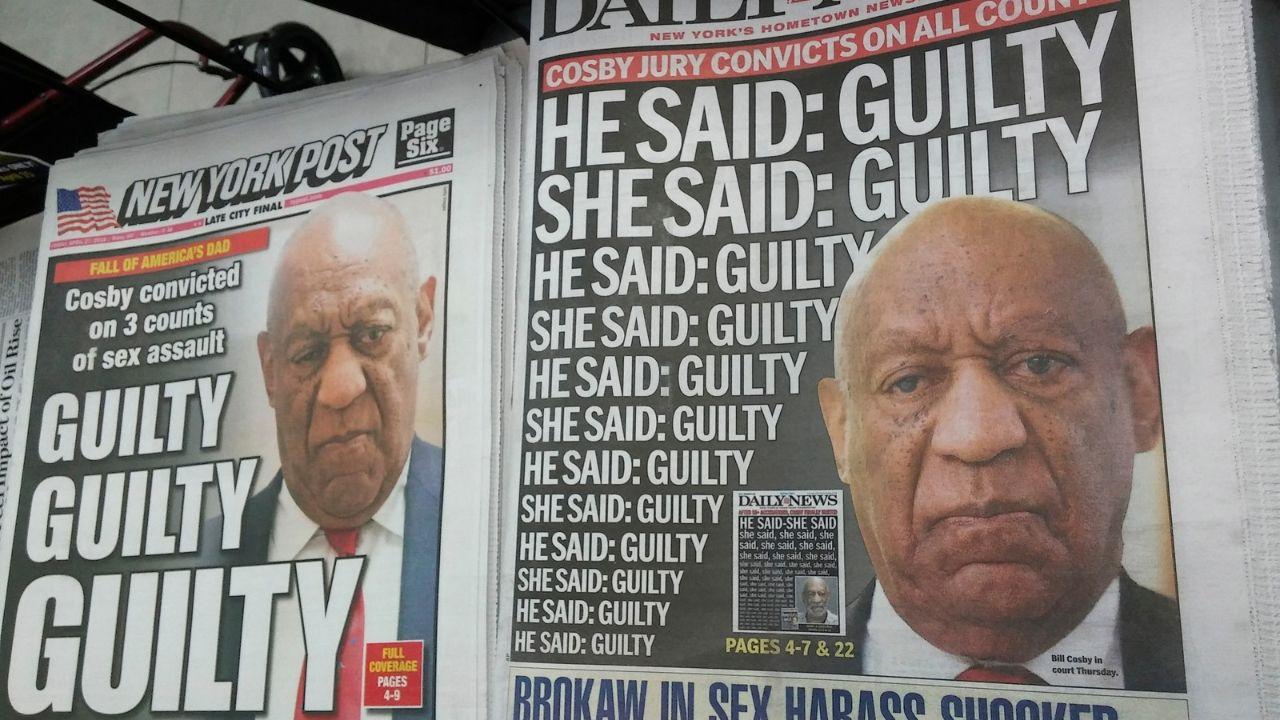 A photo of newspapers reporting Bill Cosby guilty