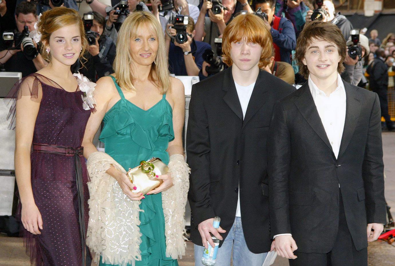 J.K. Rowling with Daniel Radcliffe, Rupert Grint and Emma Watson