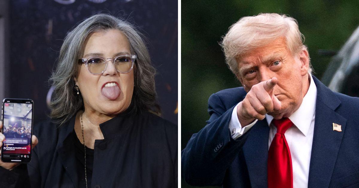 Split photo of Rosie O'Donnell, Donald Trump