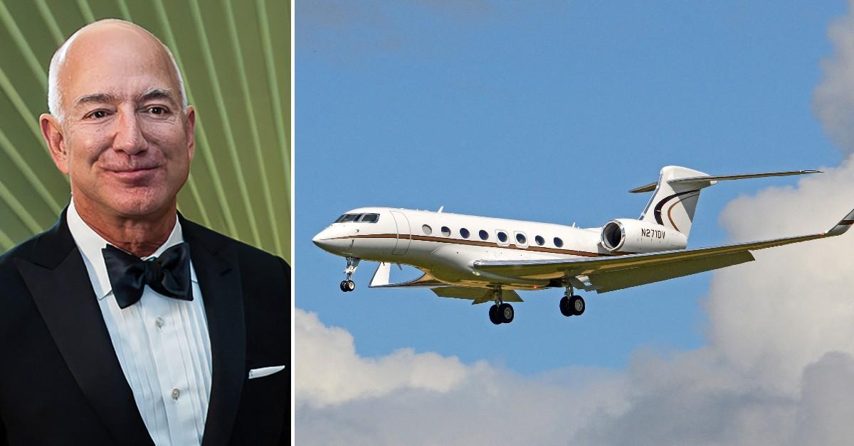 Split photo of Jeff Bezos, private jet