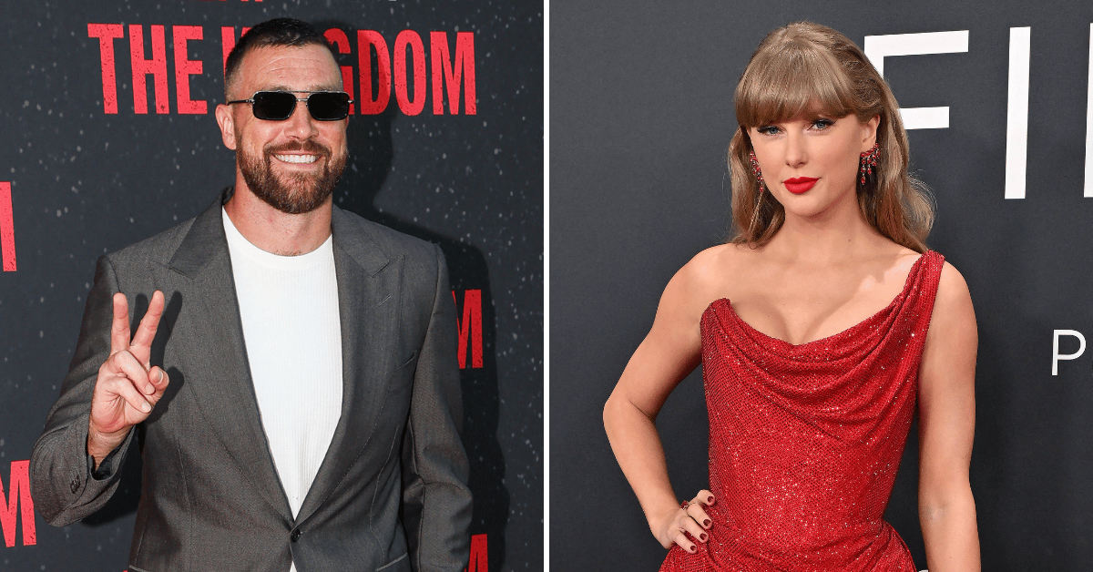 Split photo of Taylor Swift and Travis Kelce
