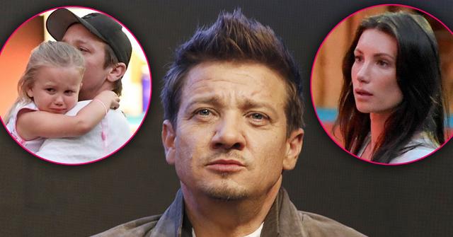 Jeremy Renner Closeup Looking Upset with Insets of His Daughter Ava and Ex-Wife Sonni Looking Upset