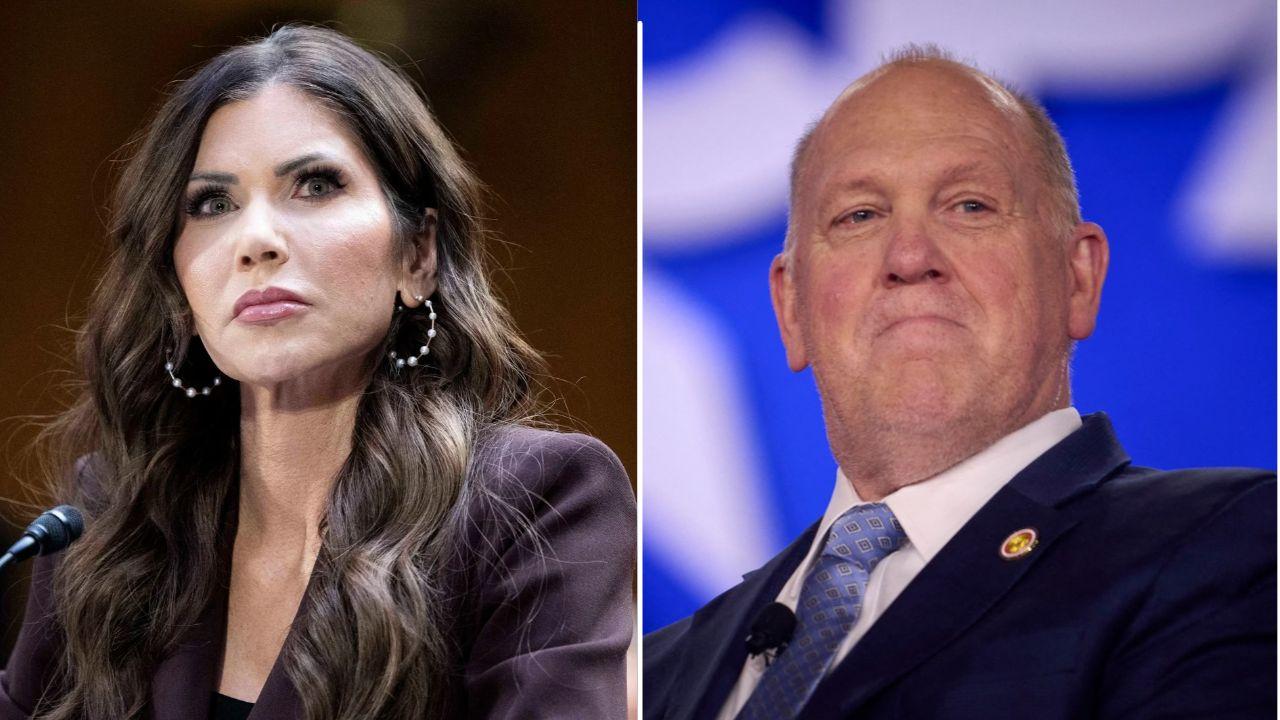 A photo if Krisi Noem alongside a photo of Tom Homan