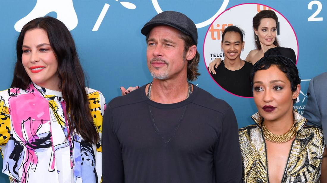 Main, Liv Tyler, Brad Pitt and Ruth Negga 'Ad Astra' photocall. Inset, Maddox Jolie-Pitt, left, and Angelina Jolie attend a premiere for "First They Killed My Father" on day 5 of the Toronto International Film Festival at the Princess of Wales Theatre, in Toronto.