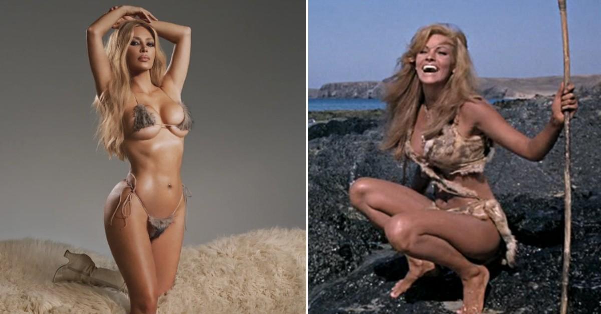 Split photo of Kim Kardashian, Raquel Welch