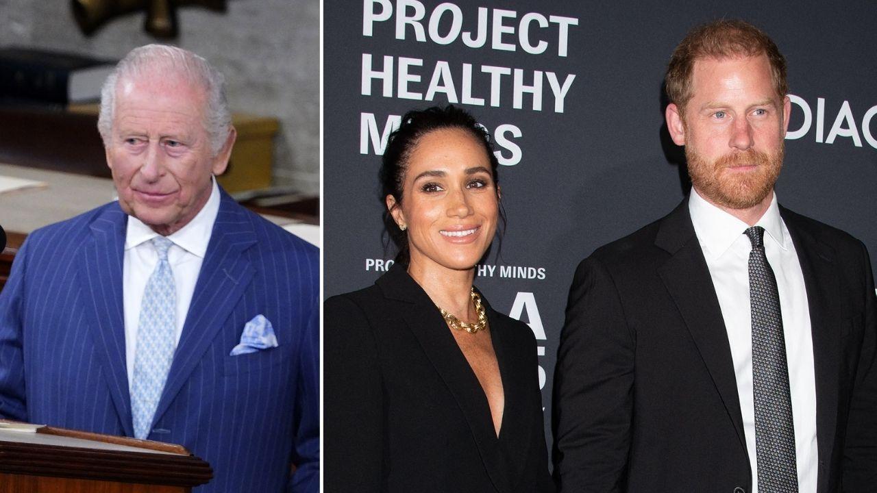 split image of King Charles; Meghan Markle and Prince Harry