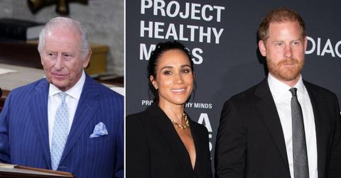 split image of King Charles; Meghan Markle and Prince Harry