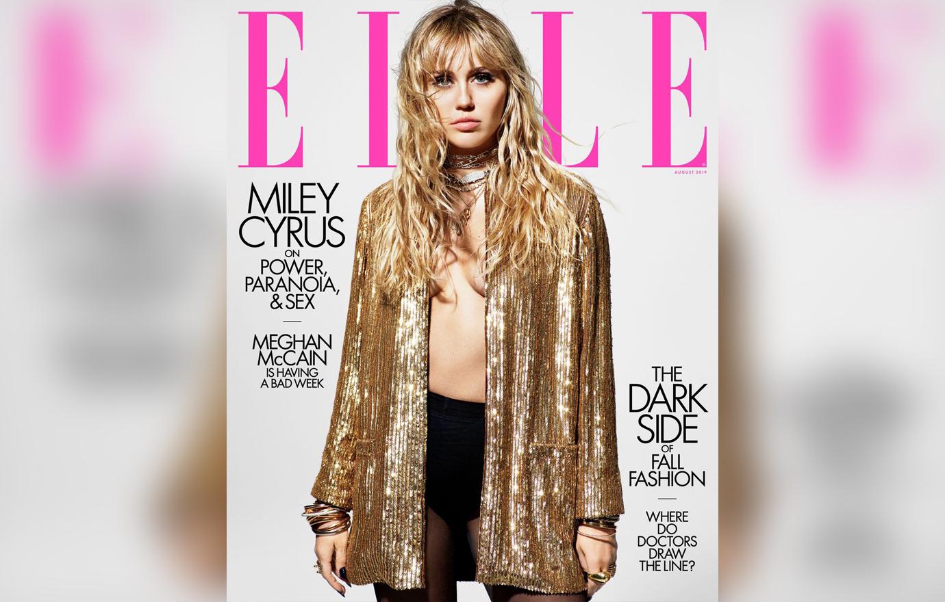 MIley Cyrus Topless Wearing Black Tights and Underwear with an Oversized Sparkly Gold Jacket on the Cover of Elle Magazine