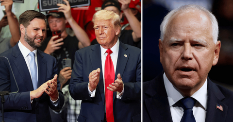 Composite photo of J.D. Vance, Donald Trump, Tim Walz.