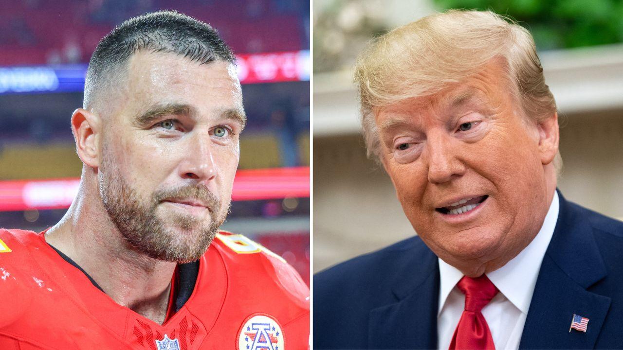 A photo of Travis Kelce alongside a photo of Donald Trump