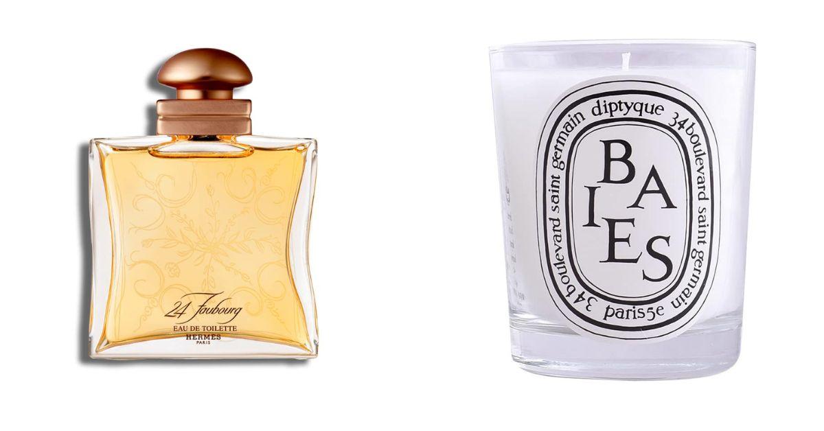 Split photo of  Hermès 24 Faubourg and Diptyque candle