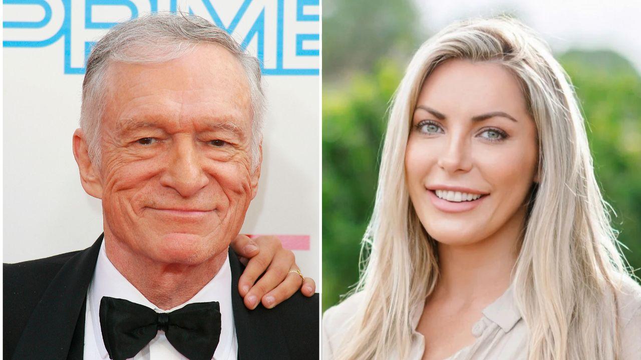 split image of Hugh Hefner and Crystal Harris