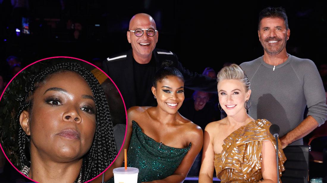 Inset Angry Gabrille Union, Judges of NBC's America's Got Talent: Howie Mandel, Gabrielle Union, Julianne Hough, Simon Cowell