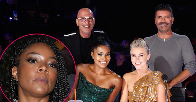 Inset Angry Gabrille Union, Judges of NBC's America's Got Talent: Howie Mandel, Gabrielle Union, Julianne Hough, Simon Cowell