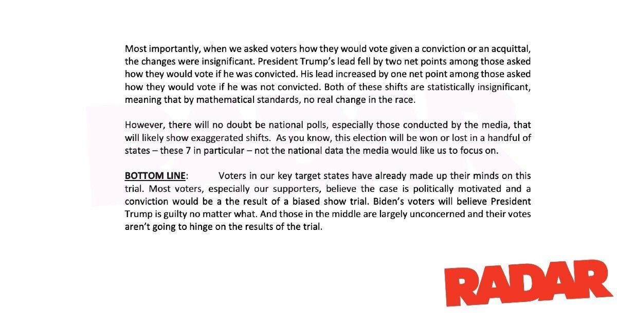 Leaked Memo Trump Pollsters Claim Verdict Already ‘Baked Into the Cake’