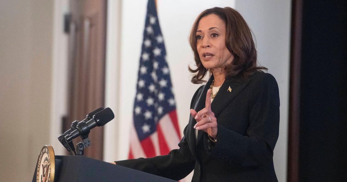 Kamala Harris pictured at her podium