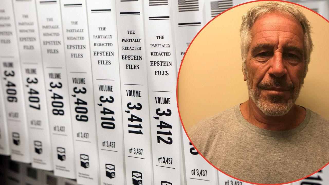 A photo of the Epstein files alongside a mugshot of Jeffrey Epstein