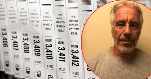 A photo of the Epstein files alongside a mugshot of Jeffrey Epstein