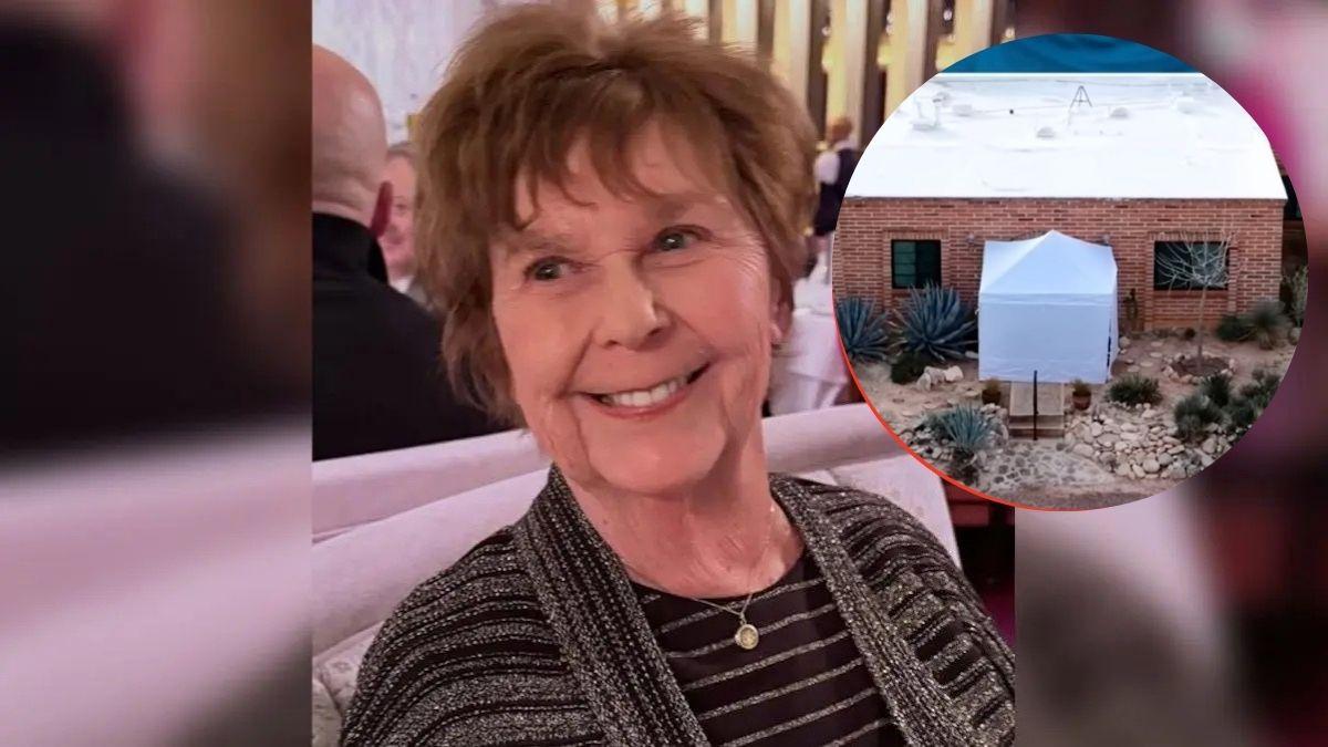 Composite photo of Nancy Guthrie and a forensics tent