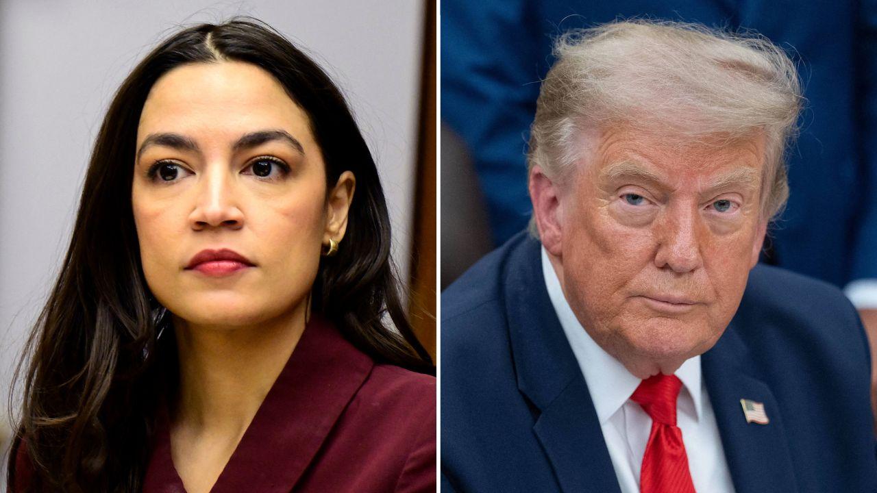 split image of AOC and Donald Trump