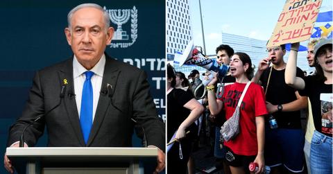 Composite photo Israeli Prime Minister Benjamin Netanyahu and Protesters