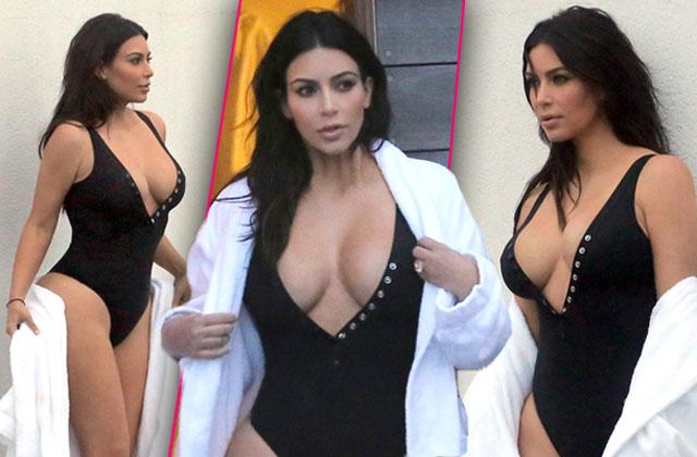 //Kim Kardashian Black Bathing Suit Boobs First Time Post Baby Body pp