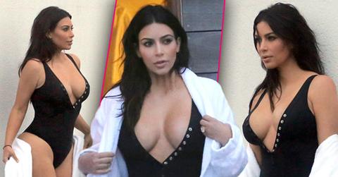 //Kim Kardashian Black Bathing Suit Boobs First Time Post Baby Body pp