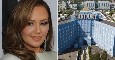 split photo of Leah Remini, Scientology headquarters