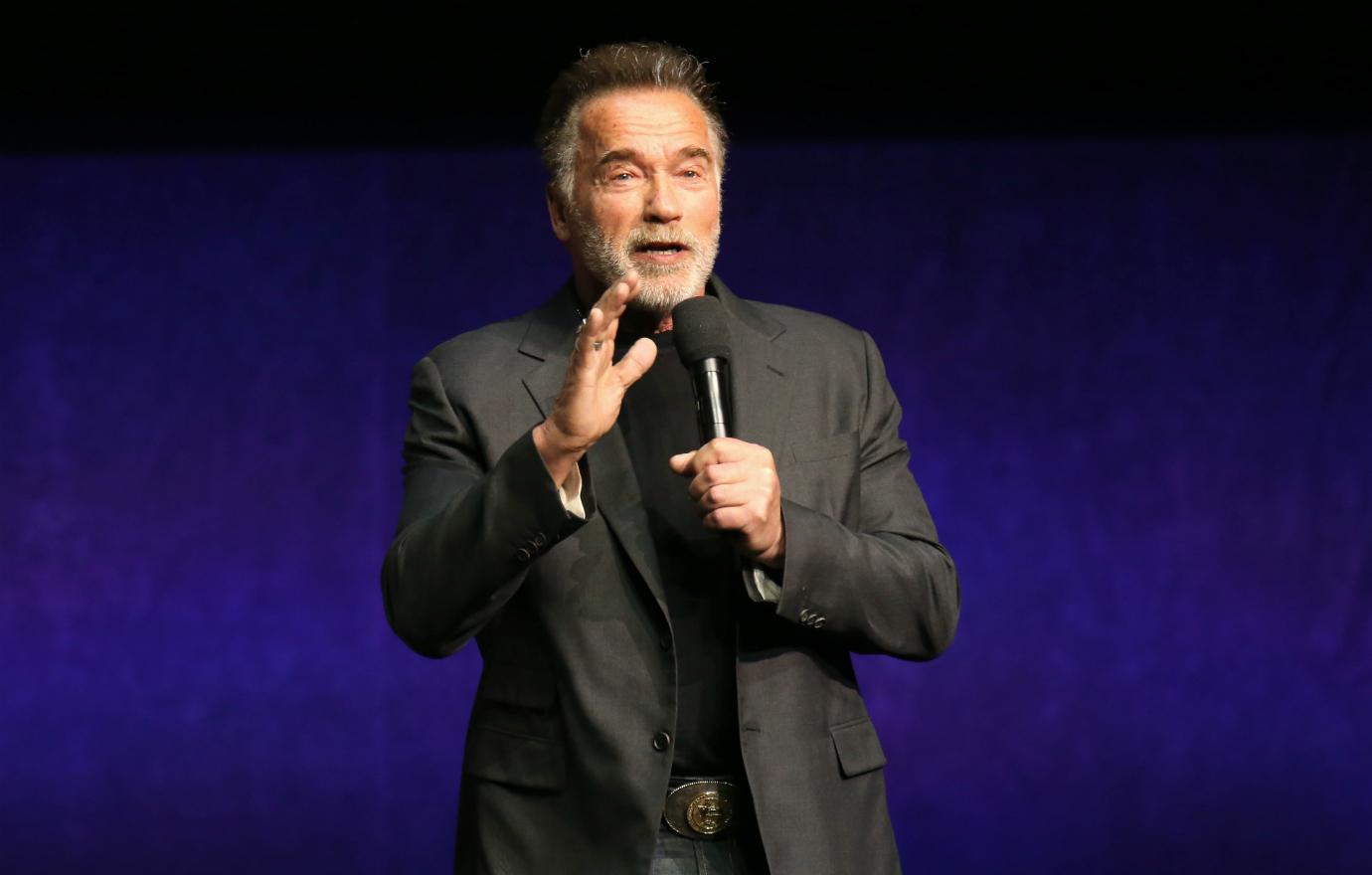 Arnold Schwarzenegger spoke during Paramount Pictures exclusive presentation during CinemaCon at The Colosseum at Caesars Palace on April 04, 2019 in Las Vegas, Nevada.