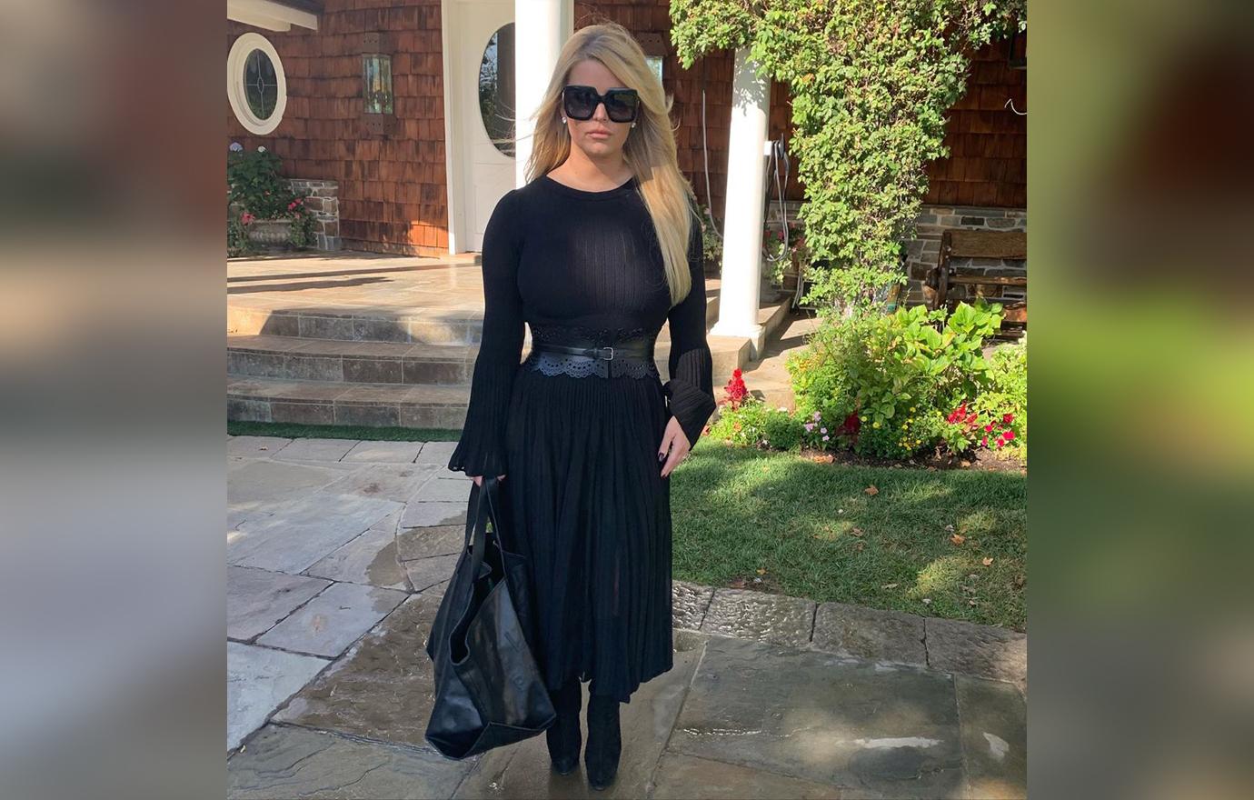 Jessica Simpson Outside Home Wearing Black Knit Dress and Sunglasses Looking Skinny 2019