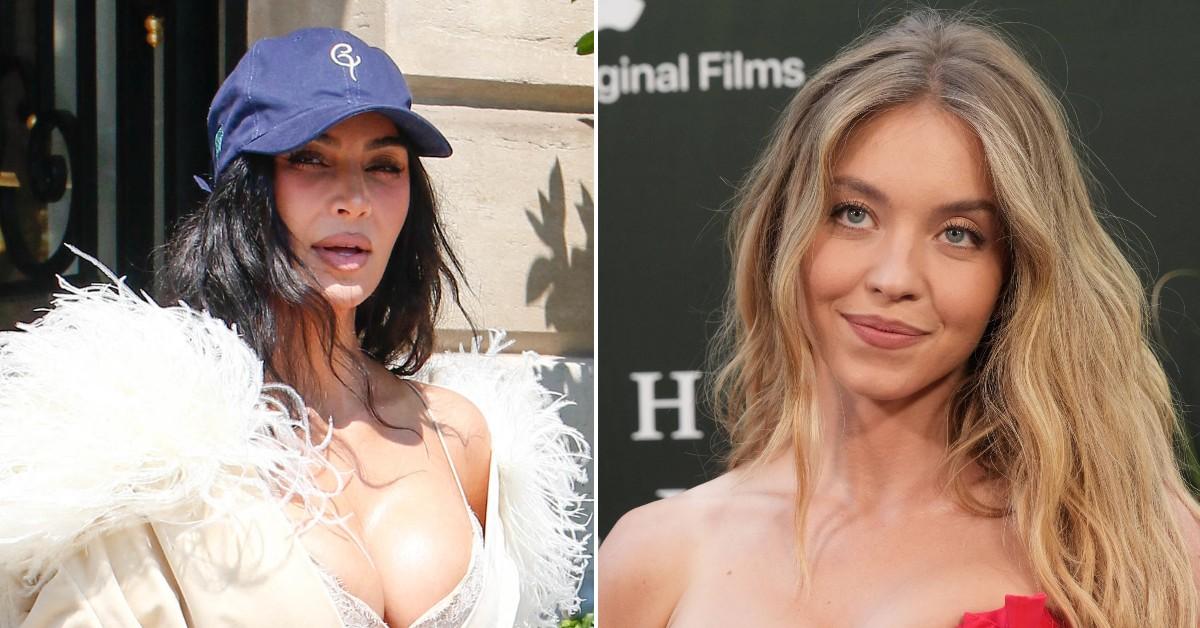 Split photo of Kim Kardashian and Sydney Sweeney