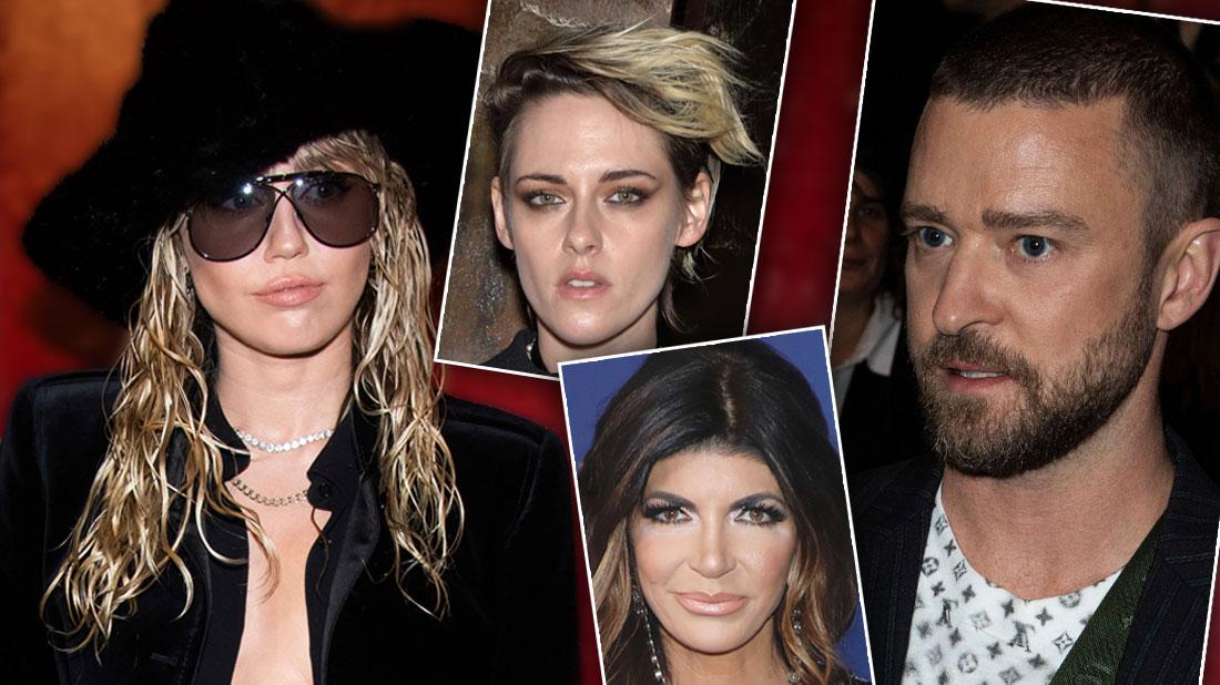 Insets of Miley Cyrus, Kristen Stewart, Teresa Giudice, Justin Timberlake -Most Shocking Celebrity Love Triangles Of 2019