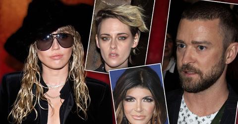Insets of Miley Cyrus, Kristen Stewart, Teresa Giudice, Justin Timberlake -Most Shocking Celebrity Love Triangles Of 2019