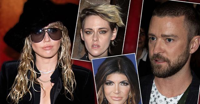 Insets of Miley Cyrus, Kristen Stewart, Teresa Giudice, Justin Timberlake -Most Shocking Celebrity Love Triangles Of 2019