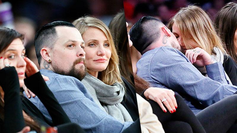 //cameron diaz benji madden kissing lakers game