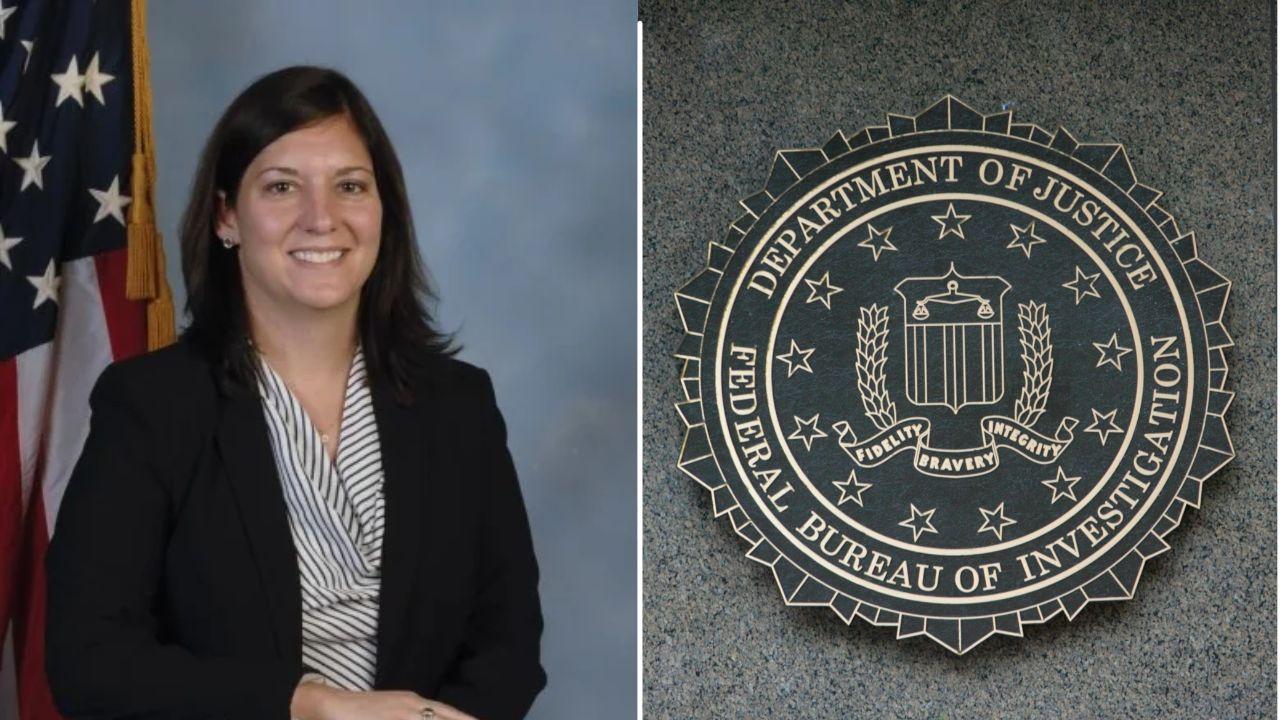 A photo of Nikki Floris alongside a photo of the Department of Justice and FBI seal