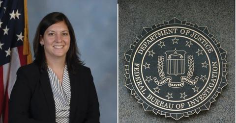 A photo of Nikki Floris alongside a photo of the Department of Justice and FBI seal