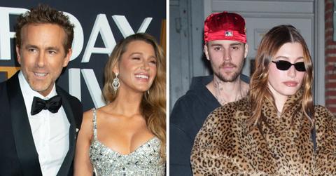 Split photo of Ryan Reynolds and Blake Lively, Justin Bieber and Hailey Bieber