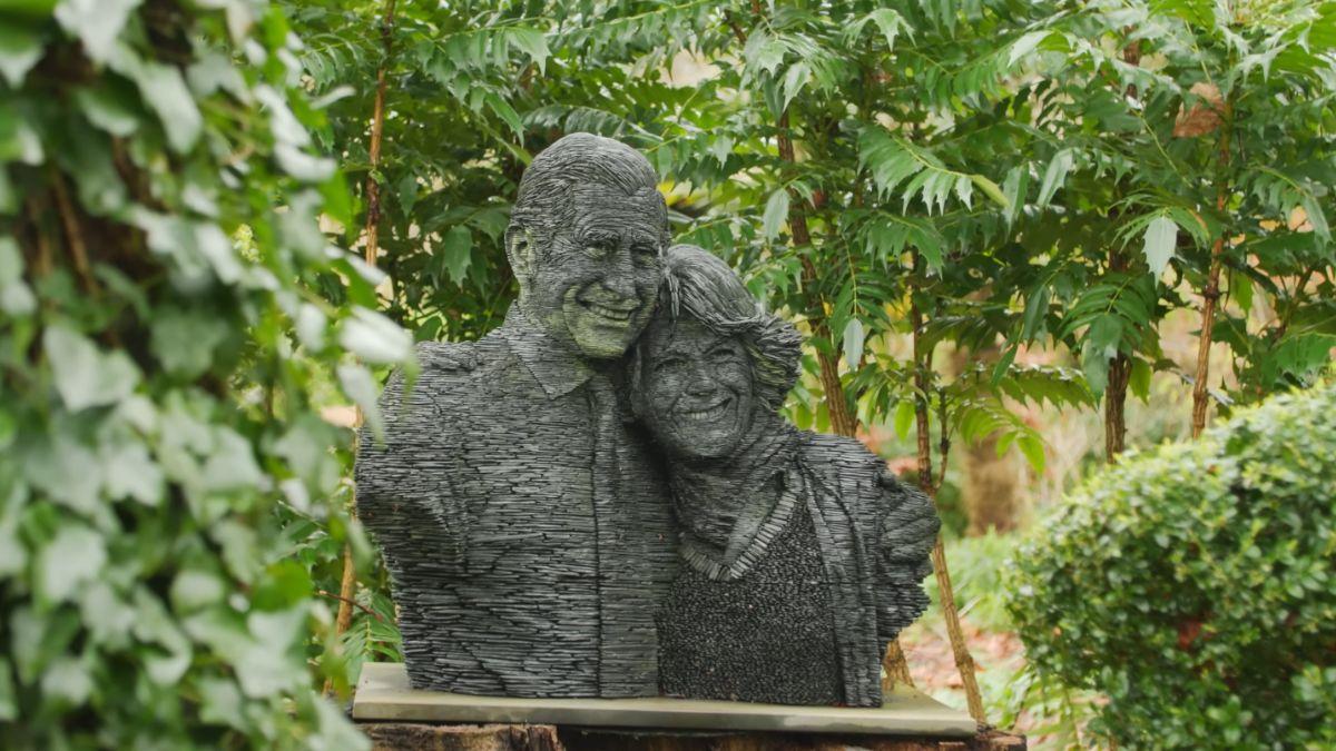 Photo of King Charles and Queen Camilla's bust at the Highgrove House Garden